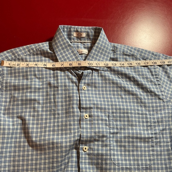 Peter Millar Mens L Plaid Dress Shirt Blue Tan Check 100% Cotton Button Down top - Picture 8 of 14